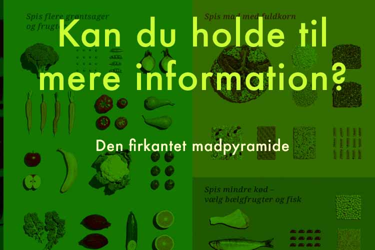 Myndighedskommunikation bliver ikke læst. På baggrund af madpyramiden står: "Kan du holde til mere information?" Den firkantet madpyramide.